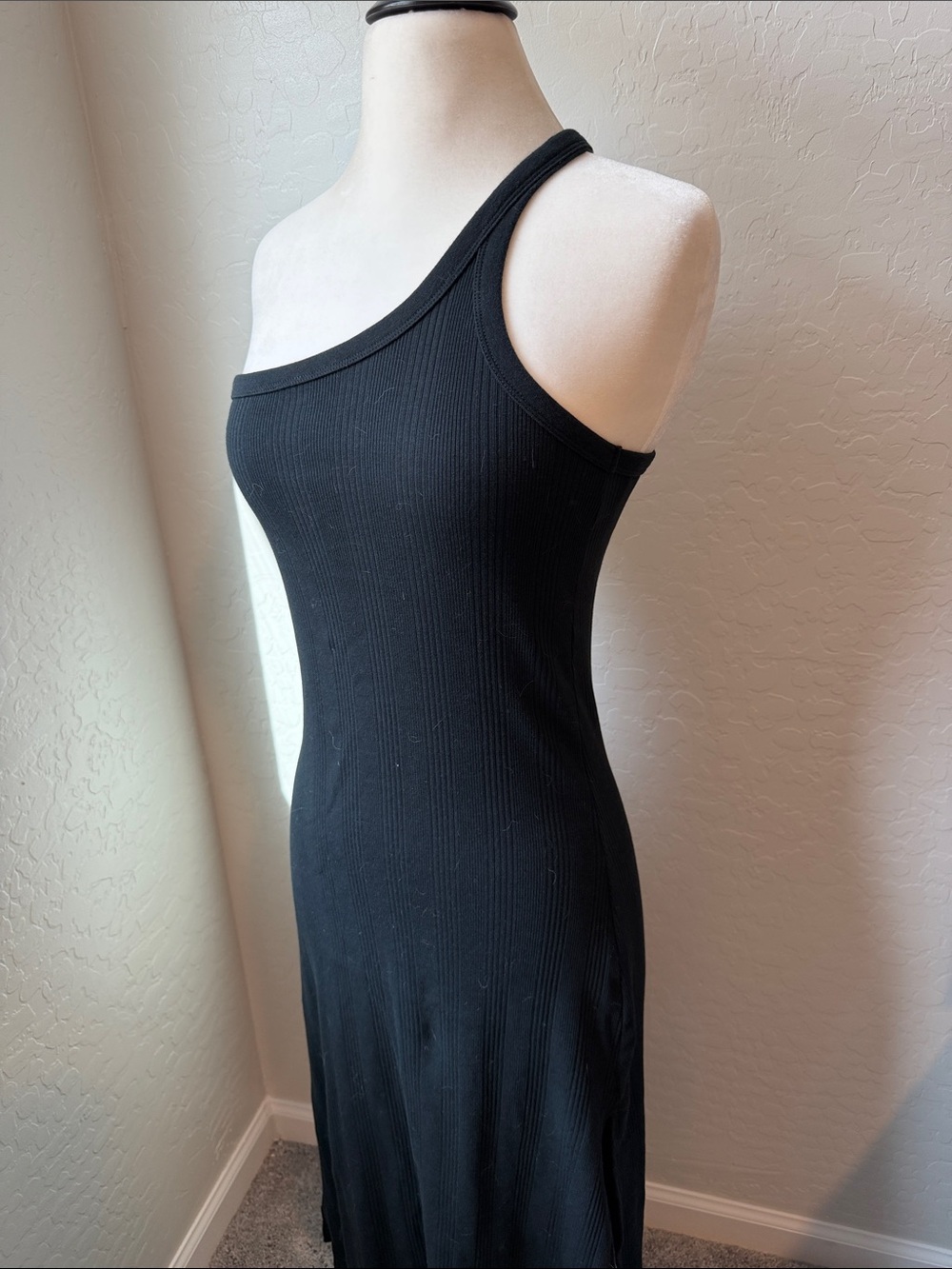 aerie Black One-Shoulder Ribbed Maxi Dress